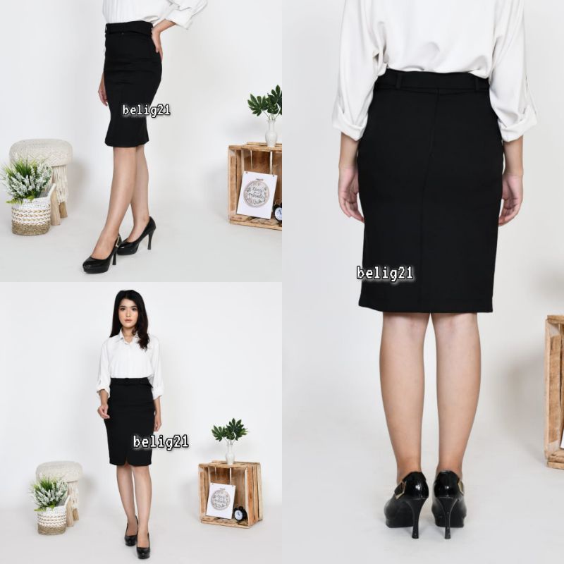 Rok Kerja Hitam Pendek Span Bahan Formal Kantor Belah Depan / Rok Pendek Span 3/4