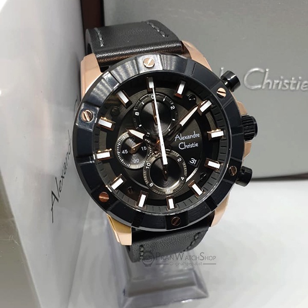 Jam Alexandre Christie AC 6609 MCL Chronograph Kulit Hitam Rose Gold Pria Original Bergaransi Resmi 