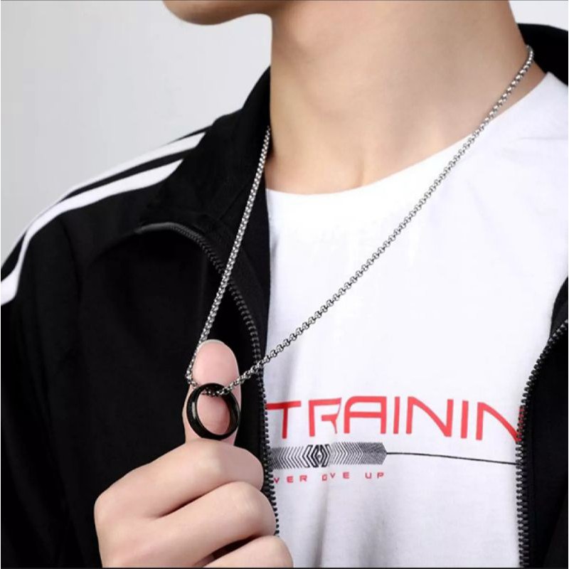 Kalung Titanium Pria Liontin Bandul Cincin Hitam Silver