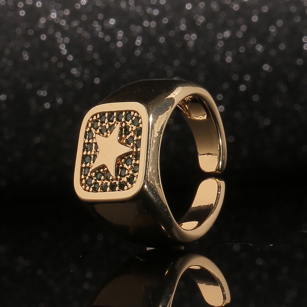 Ornamen square lebar cincin lima menunjuk bintang mikro bertatahkan zircon cincin hip hop kecil cinc