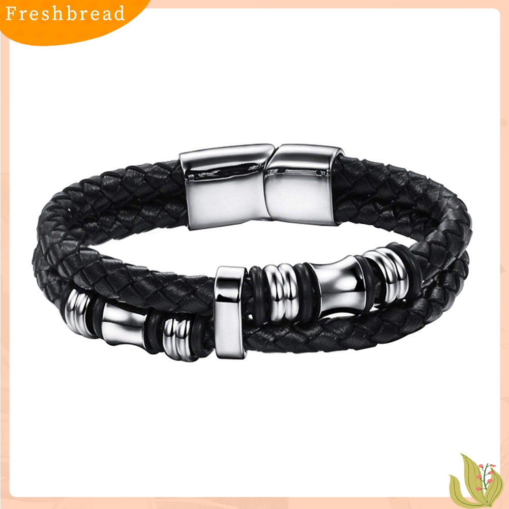 Terlaris Fashion Men Double Layer Faux Leather Braided Magnet Clasp Bead Bracelet Bangle