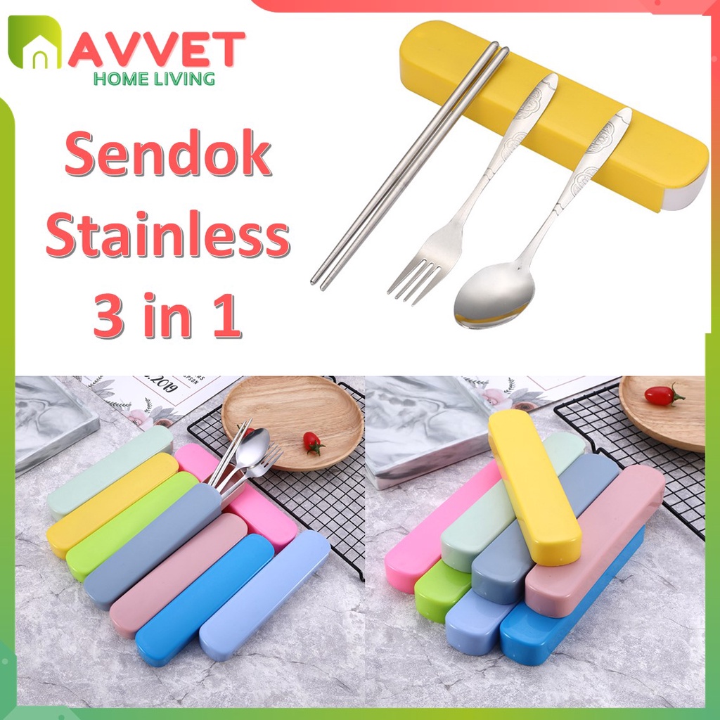 AVVET SENDOK SET 3IN1 BESI KOTAK WARNA ALAT MAKAN 3IN1 SENDOK GARPU STAINLESS STEEL KOTAK TRAVELLING