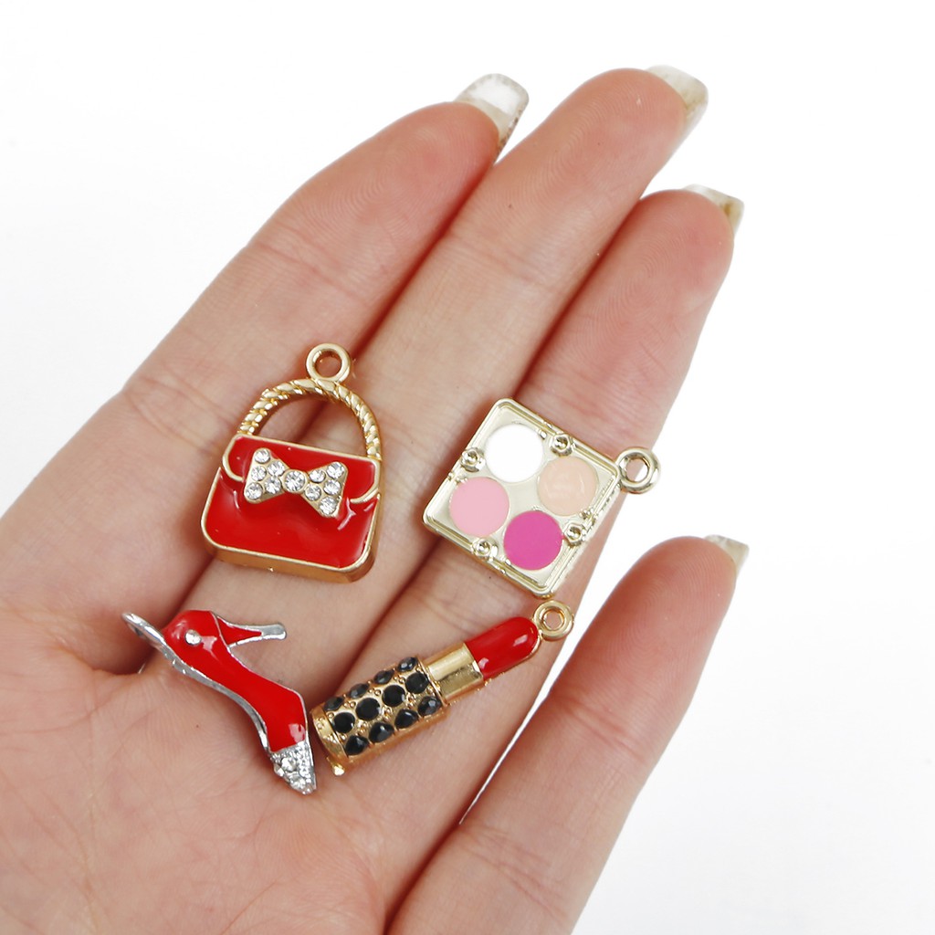 2-4 Pcs Enamel Makeup Charms Mixed Women Lip Lipstick Alloy Gold Tone Necklace Bracelet Jewelry Making Accessory