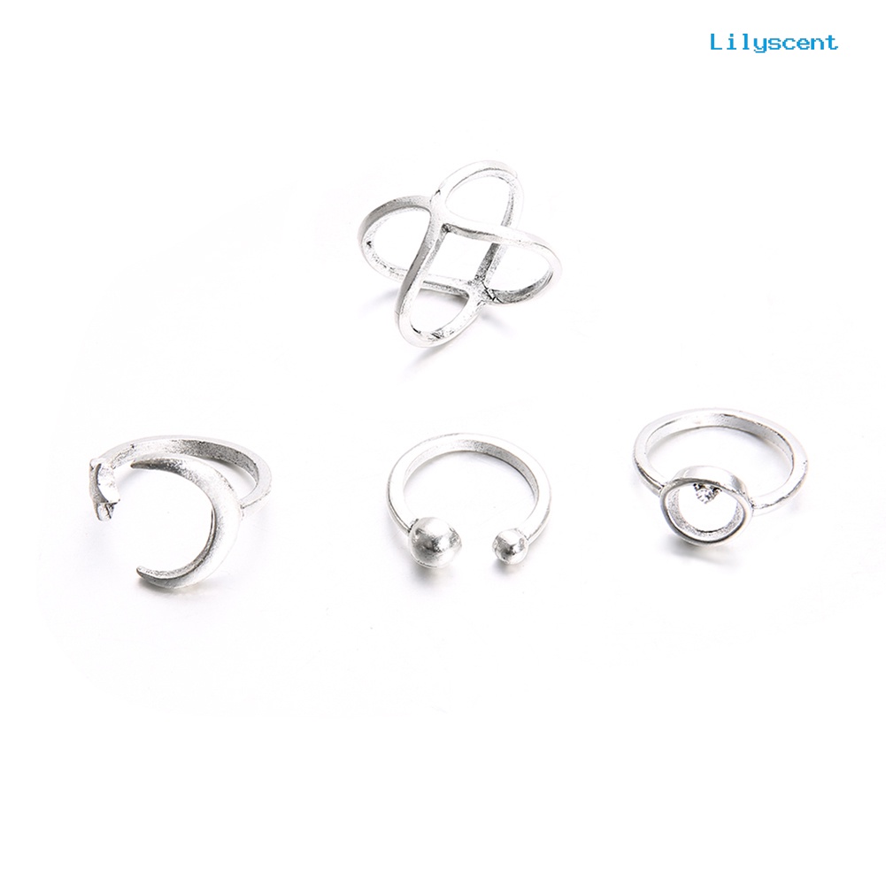 4pcs / Set Cincin Knuckle Model Terbuka Desain Bulan Bintang Aksen Berlian Imitasi Untuk Wanita