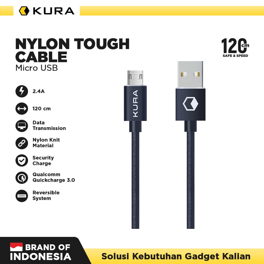 KURA Nylon Tough Cable Fast Charging - Kabel Data Micro USB