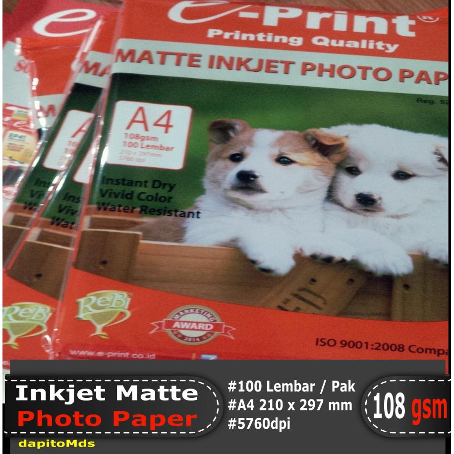 

PROMO E Print Matte Inkjet Photo Paper Kertas 108 Gsm A4 Isi 100 Pak akhr tahun 40%sale