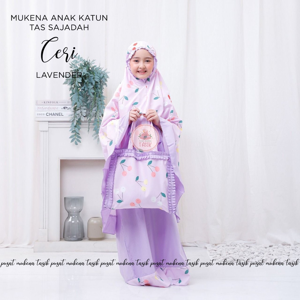 PUSAT MUKENA TASIK - MUKENA ANAK KATUN MOTIF CERI LAVENDER TAS SAJADAH