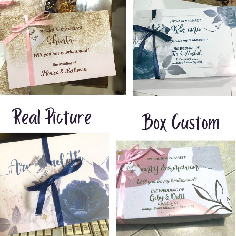 

BOX BRIDESMAID GROOMSMAN HADIAH KADO CUSTOM FREE DESIGN PITA DAN THANKYOU CARD UKURAN 31*20*6 CM
