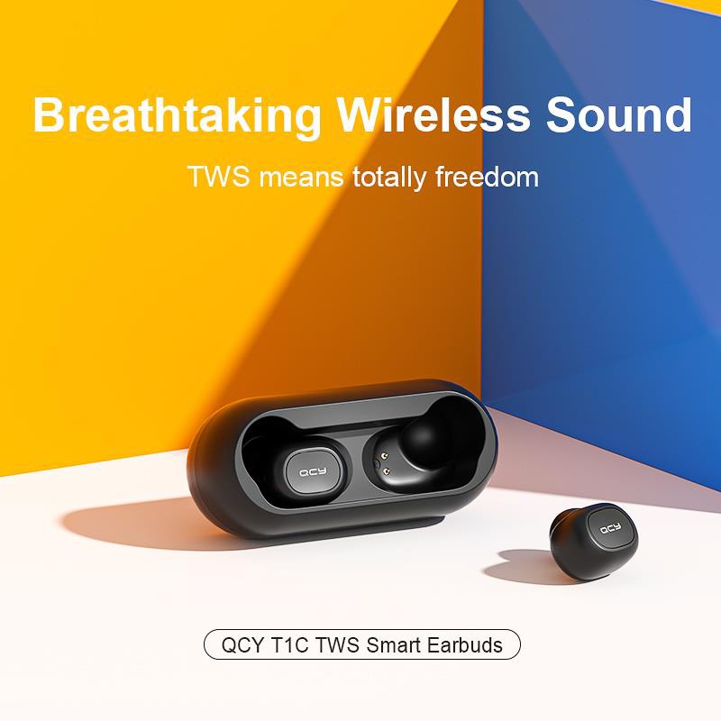 QCY T1C TWS Bluetooth TechLife GoPods D Wireless Earphones V5.0 Dual Microphone 3D (ENC) Stereo Earbuds Headset