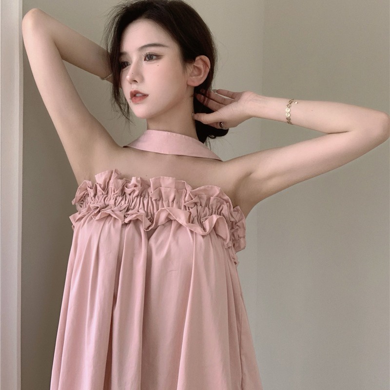 gaun gaya korea halter neck one-shoulder tube top jahitan gaun tepi jamur kecil pink mid-length skir