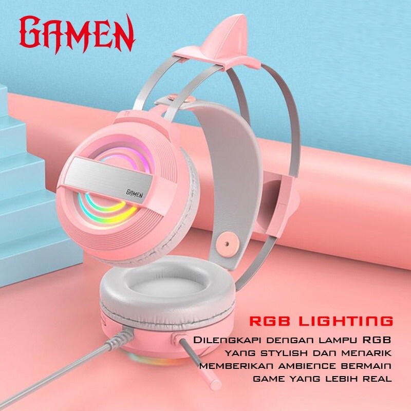 GAMEN GH1100 Pink Headset Earphone Headphone Gaming Cat Ear LED RGB Lighting Original Bass - Garansi 1 Tahun