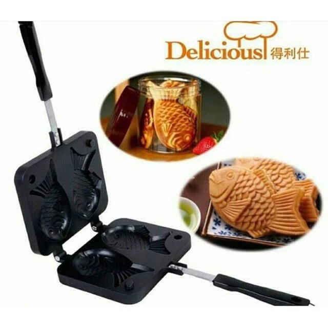 Alat cetakan kue ikan taiyaki maker double pan teflon bolak balik panci