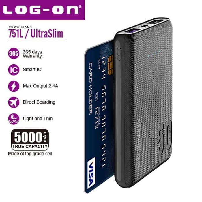 POWERBANK ULTRASLIM LOG ON PB-751L 5000 MAH MINI ATM CARD 2.4A