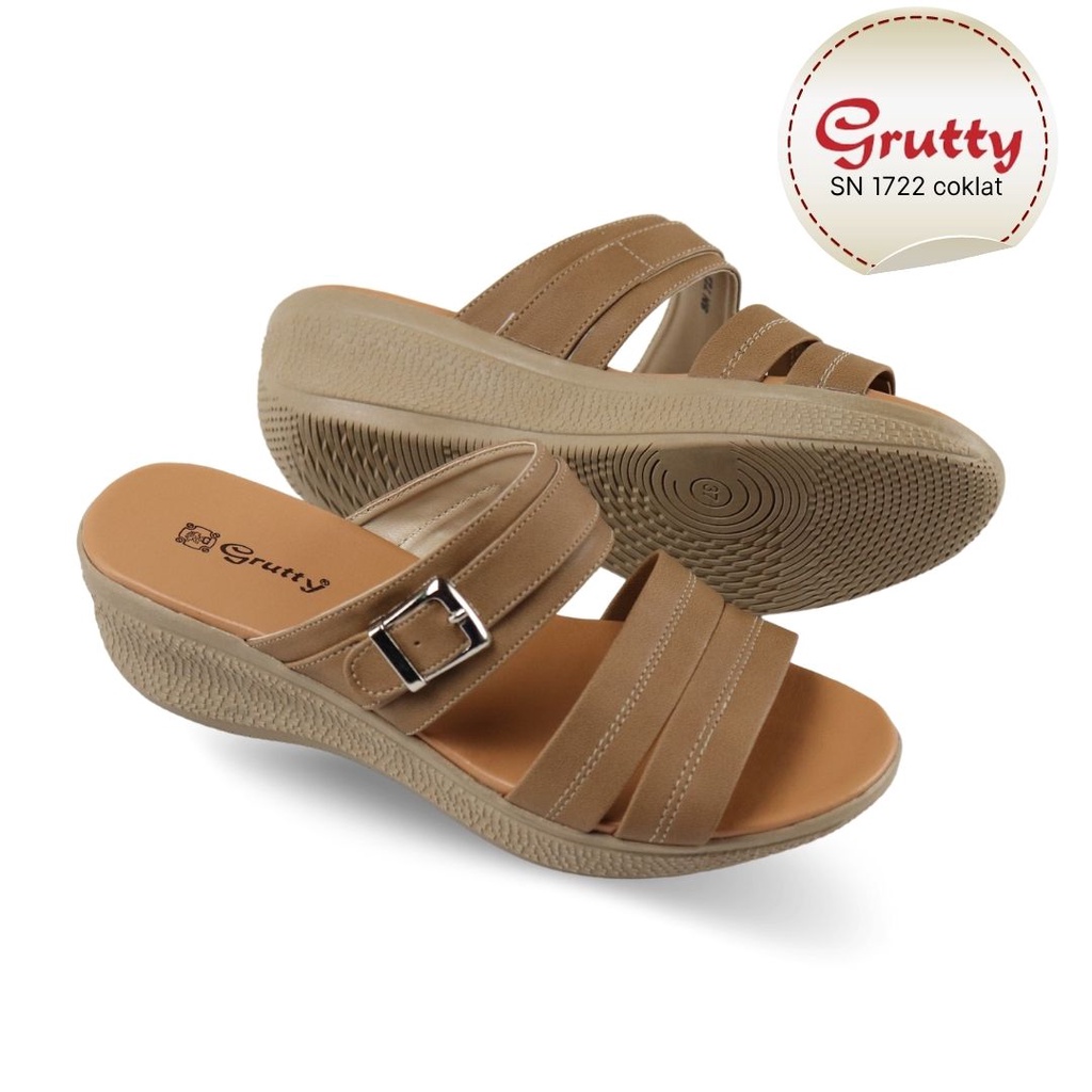 Sendal Wedges Wanita Sandal Slop Wedges Terbaru Grutty SN1722 Coklat