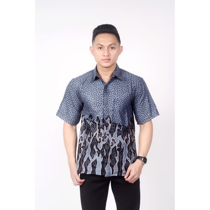 Batik Pria Lengan Pendek BATIK BERKAH HRB026 motif KERATONAN Kode 002 size M L XL-Mega mendungttikabu