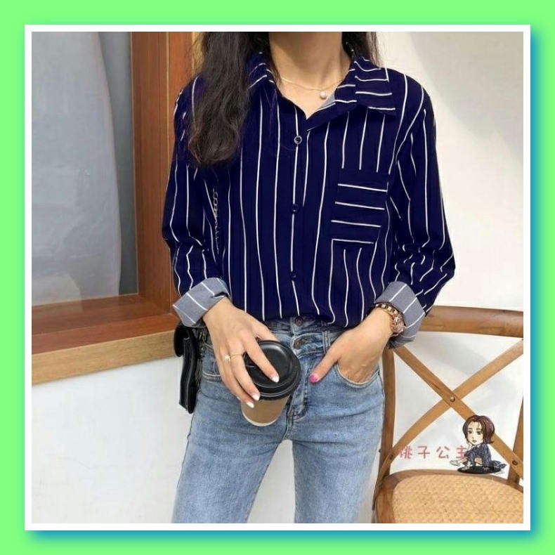 2020Awal Musim Gugur Baru Katun Dan Linen Plaid Kemeja Korea Wani SJ523 Jumbo Kemeja Strip Navy [Baj