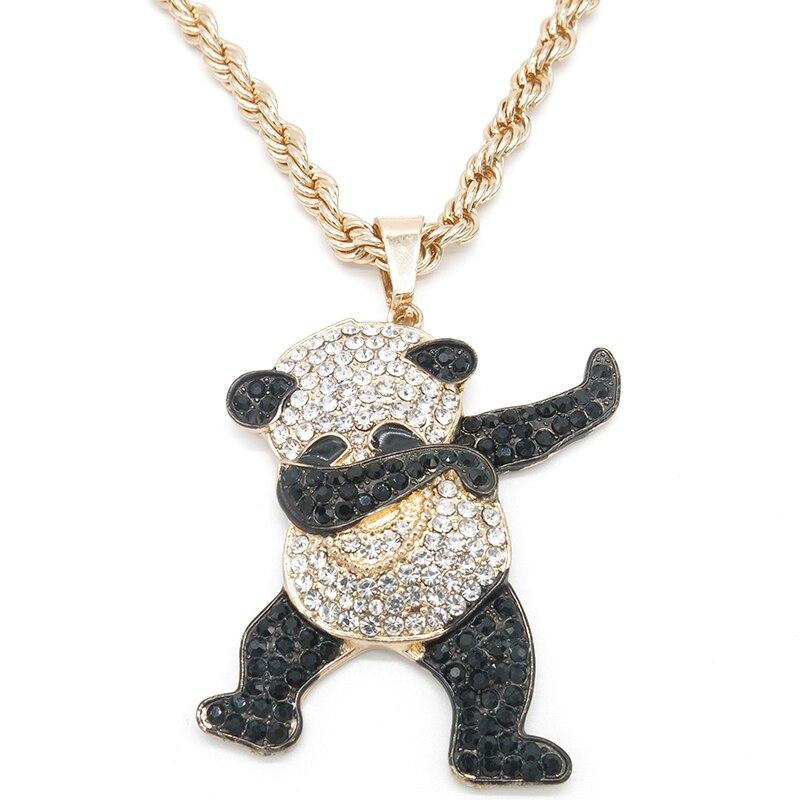 Kalung Liontin Desain Panda Aksen Berlian Warna Emas Gaya Hip Hop Rock Untuk Pria