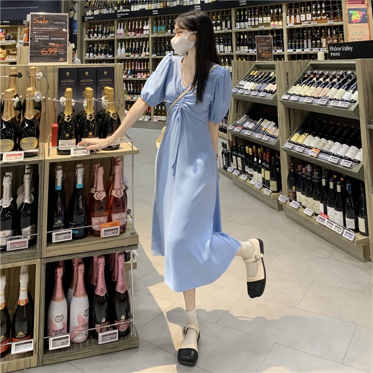 pakaian wanita korea daster kerut dada COD 2022 New Fashion Korean Style Short Sleeve Drawstring V Neck Midi Dress polos for Women Summer Black Blue solid color A-Line Casual Dresses wanita 2023 korea sexy murah