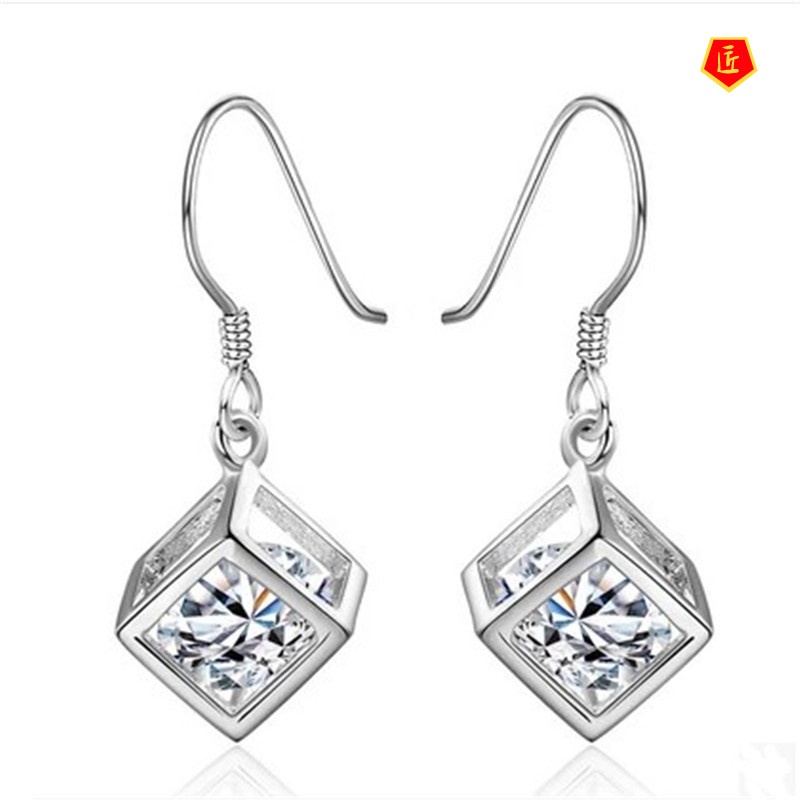 [Ready Stock]Silver Long Tassel Cube Earrings Fashion All-Matching
