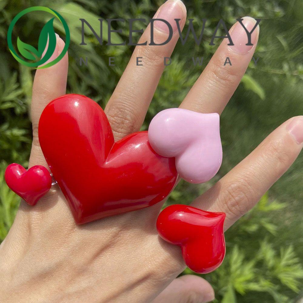 Needway  Gifts Resin Rings Korean Fashion Jewelry Finger Ring Big Love Heart Women Girls Resin Acrylic Exaggerated Cute Lovely Sweet Thumb Ring