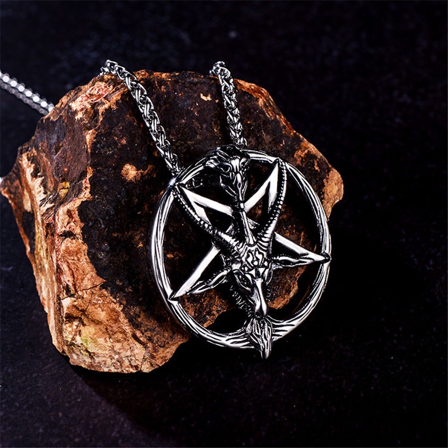 Metal Satan Devil Skull Sheep Head Inverted Five-Pointed Star Pendant Fashion Retro Domineering Necklace for Men's Punk Jewelry