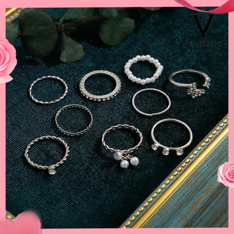 [COD]9 PCS Wanita Tipis Berongga Mutiara Kristal Kupu-kupu Berlian Premium Knuckle Ring Set-FA