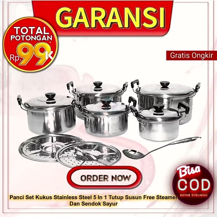 Panci Set Kukus Stainless Steel 5 In 1 Tutup Susun Free Steamer Dan Sendok Sayur