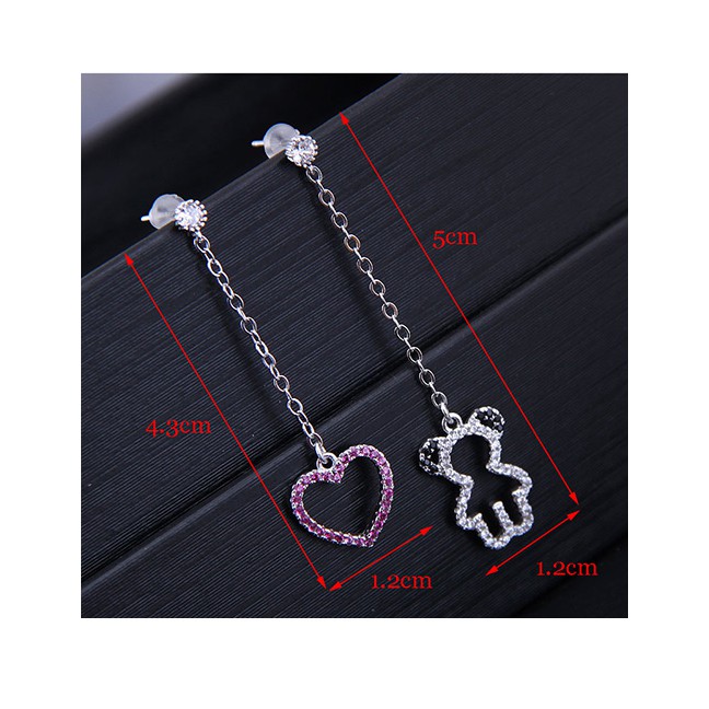 LRC Anting Set Fashion Silver Cubic Cubic Zircon Love Bear Asymmetric Stud Earrings A60395