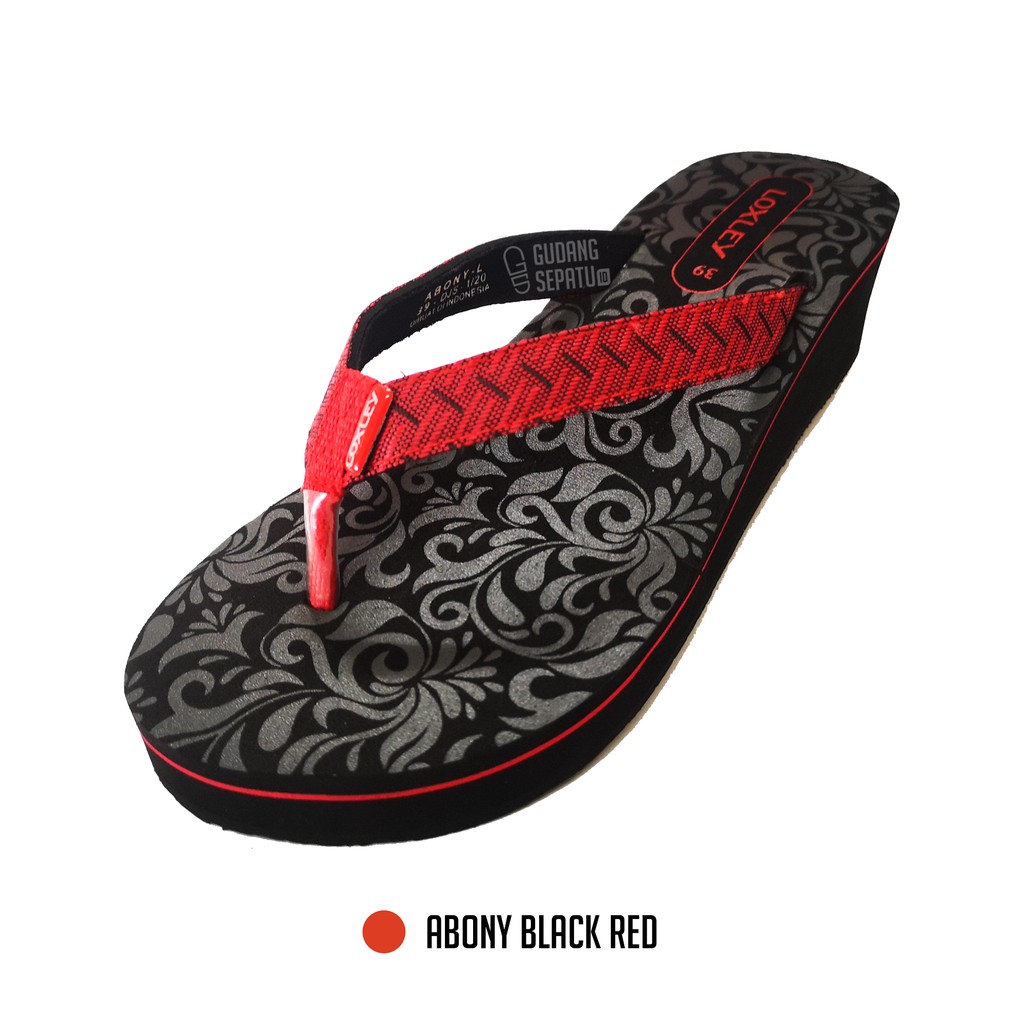 LOXLEY ABONY - Sandal Wedges Wanita Bermotif Cantik Black Red Size 37-40 Gratis Ongkir