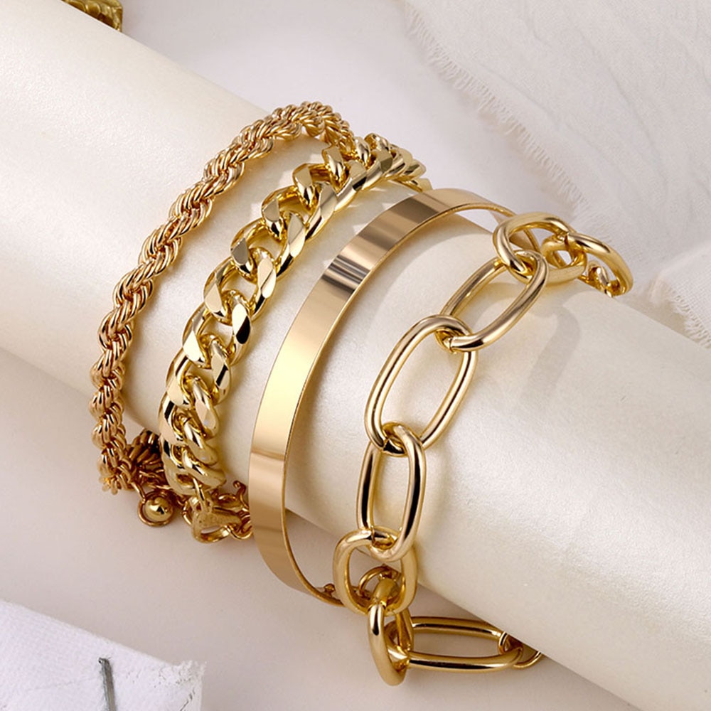 4pcs Gelang Multilayer Bentuk C Warna Emas Untuk Wanita