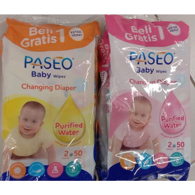 Tisu paseo basah BUY 1 GET 1 - Paseo baby wipes warna pink dan kuning