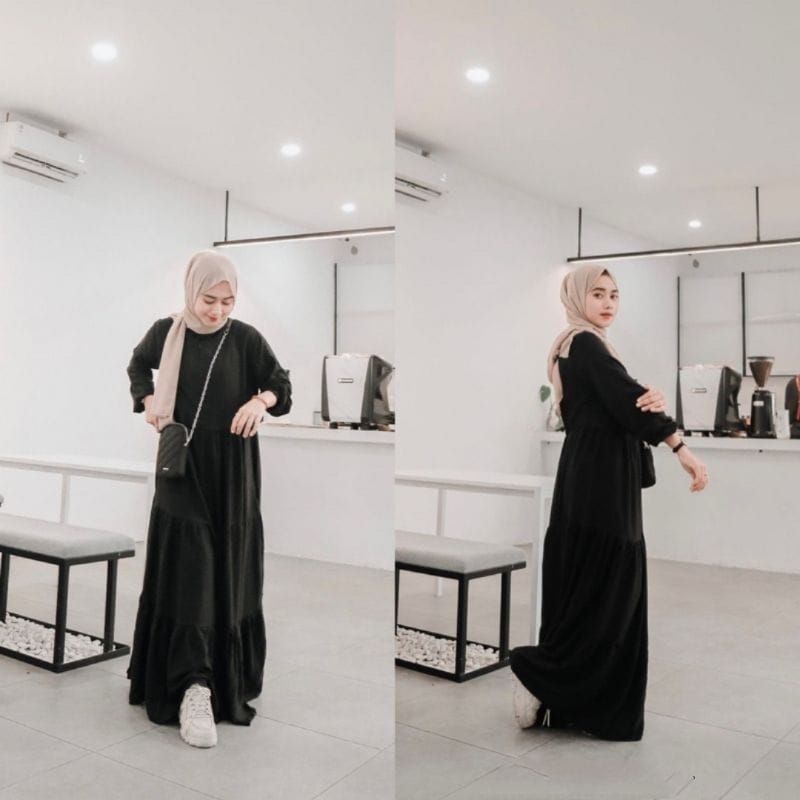 GAMIS KAOS HITAM PELANGI/ DRES HANUM SUSUN RAYON POLOS PREMIUM