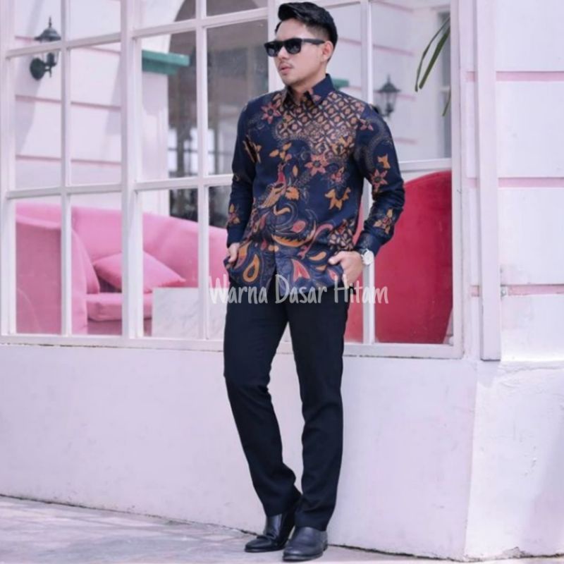 KEMEJA BATIK MERAK PRABU PREMIUM TERBARU BATIK LENGAN PANJANG WARNA HITAM BAHAN HALUS FULL FURING