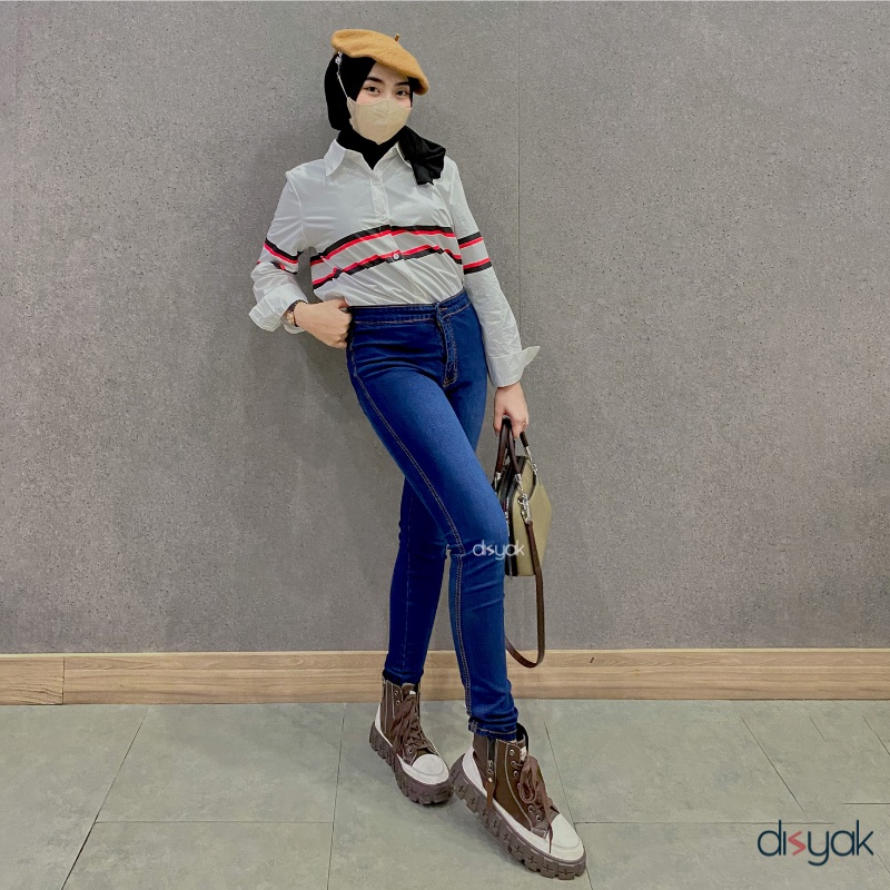 DISYAK - HIGHWAIST Navy Spray Premium Soft Jeans Strecth 7004-9004