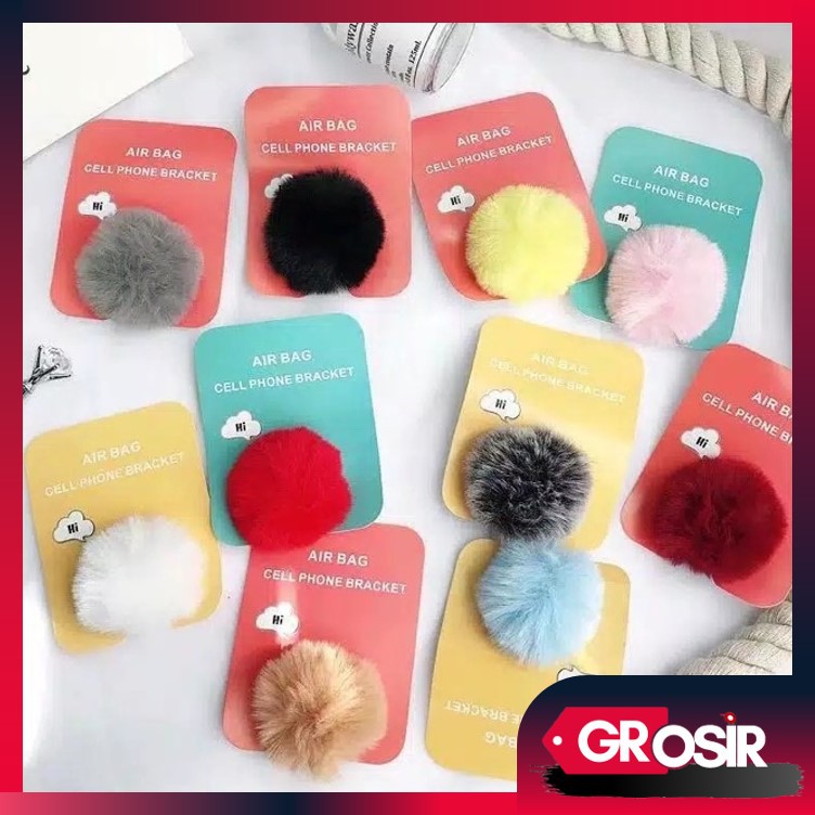 Grosir - 595 Popsocket Bulu/Pompom 3D/Pop Socket Phone Holder Pom Pom Bulu Warna Warni Aksesoris HP