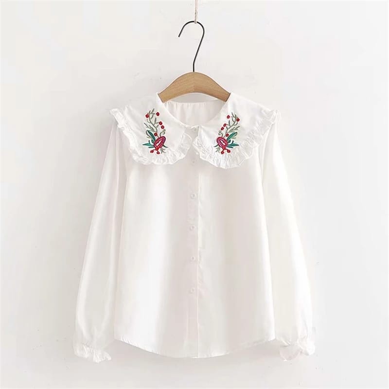 Kemeja Putih Motif Bordir Sada Top Baju Atasan Wanita Fashion Muslim Kekinian Korean Style Lengan Pa