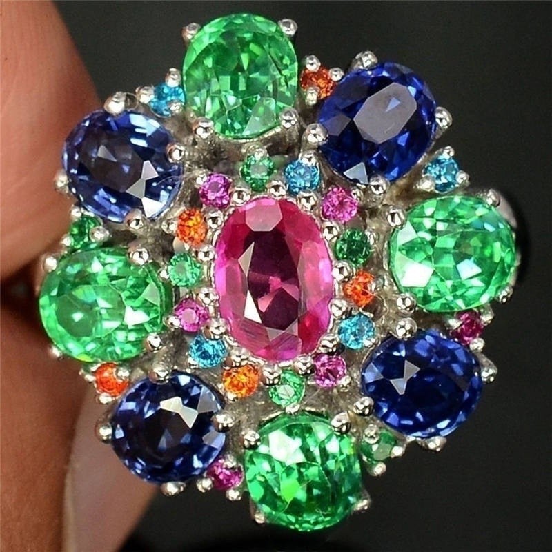 SeuSuk Fashion Floral Exquisite Colorful Oval Cut 6.88CT Tanzanite Diopside Ring