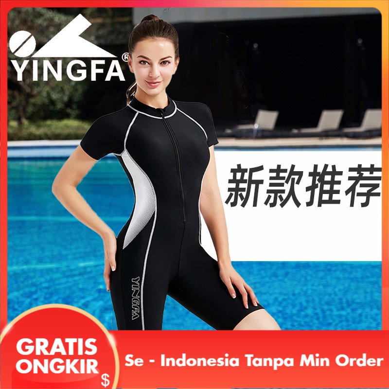Yingfa Lengan Pendek Baju Renang Wanita Medium Celana Satu Potong Panjang Celana Slim Mencari Perut