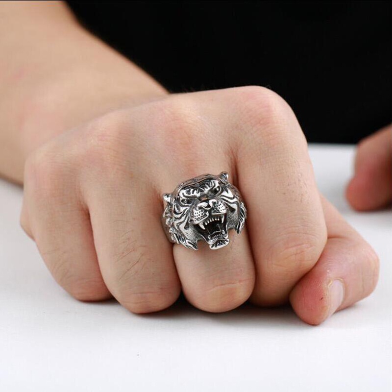 Cincin Desain Kepala Harimau Gaya Punk Rock Retro Untuk Pria