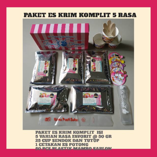 

ICE CREAM 5 RASA MURAH KOMPLIT CUP SENDOK DAN TUTUP BERHADIAH PLASTIK MAMBO DAN PLATIK PENSIL