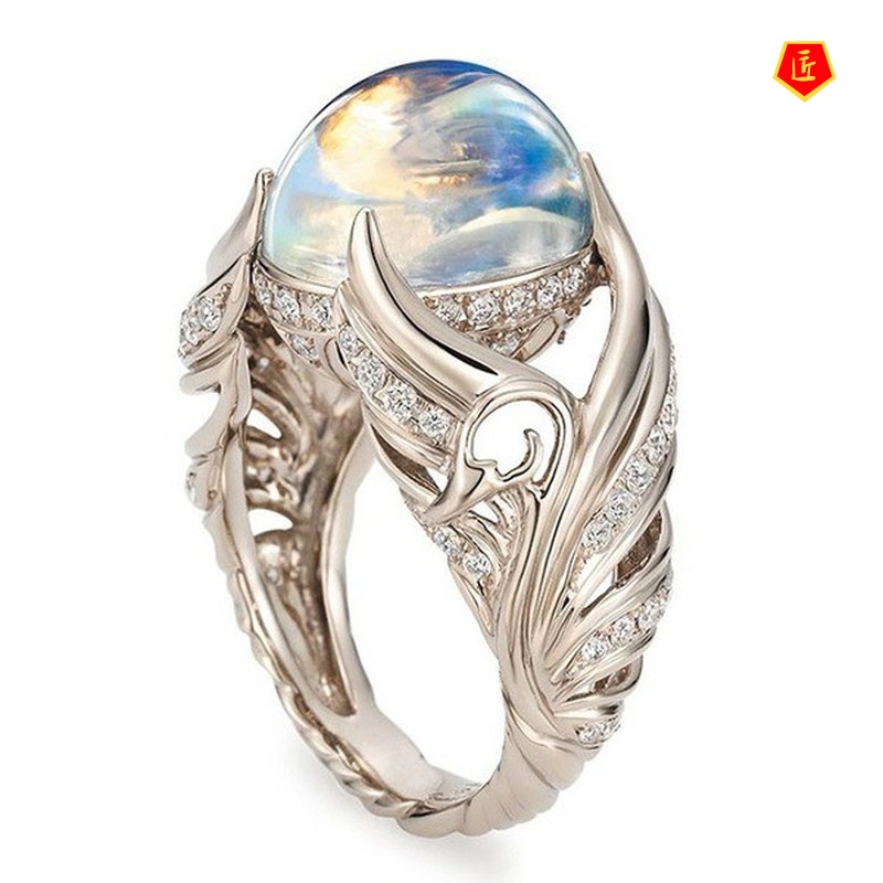 [Ready Stock]Angel Wings Full Diamond Inlaid Moonstone Ring