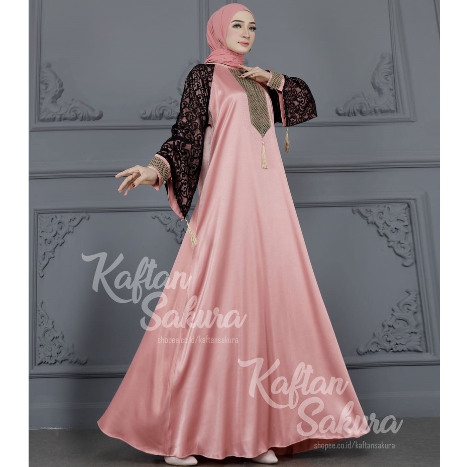 BAJU KAFTAN WANITA BAHAN SATIN PREMIUM WARNA HITAM MAROON NAVI UNTUK LEBARAN ALL SIZE MEWAH