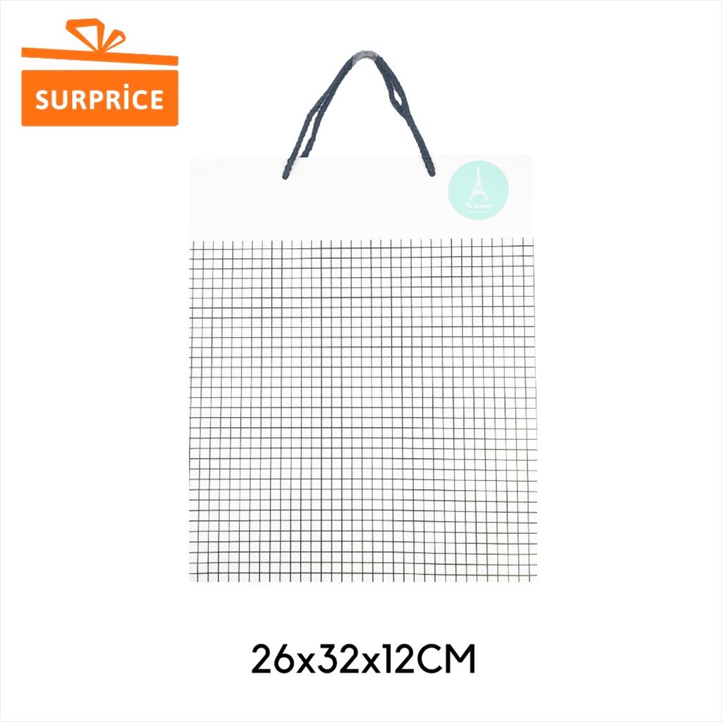 Surprice Tas Kado Tenteng 26x32x12cm /  Kantong Hadiah / Goodie Bag Ulang Tahun / Paper Bag Tas Hampers / Gift Bag-Putih Grid