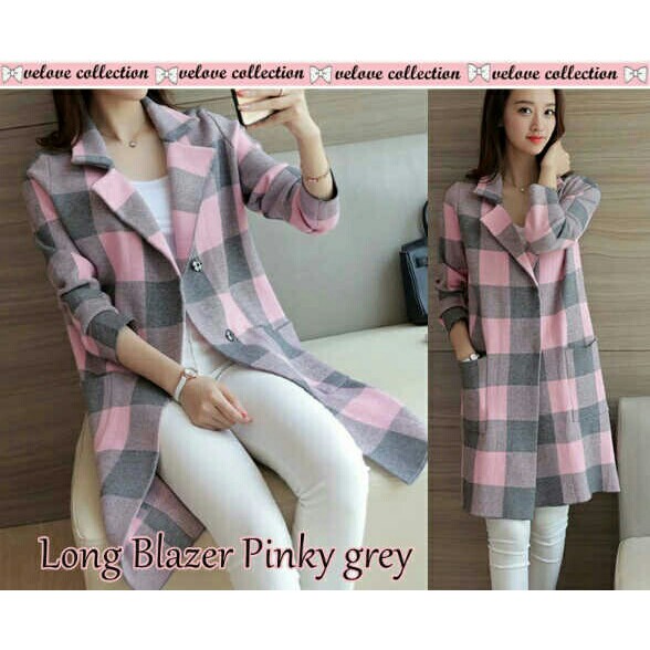 Long blazer kotak pink misty