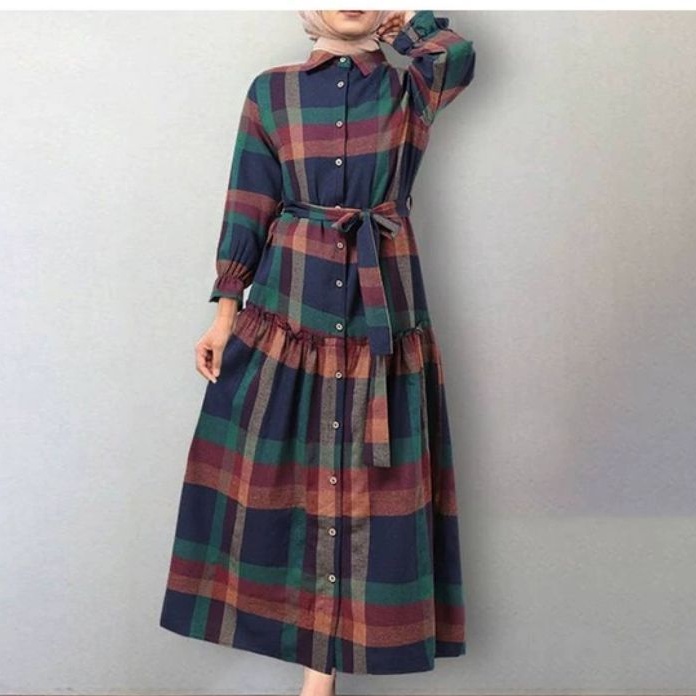 04430 Pakaian Baju Maxi Dress dres lengan panjang kotak free belt ada ikat pinggang luaran hijab pan