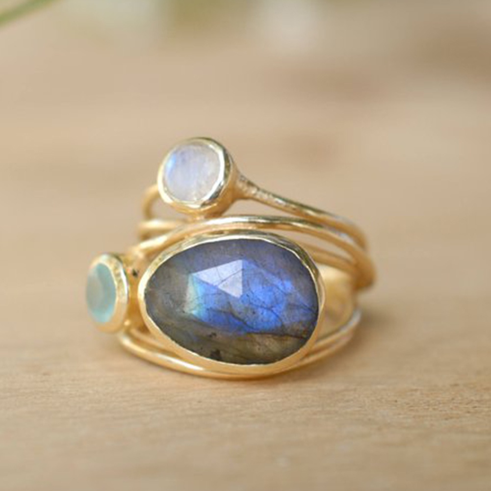 Hu Hu Hu Hu Hu Alat Bantu Pasang Kacamata♡ Cincin Multilayer Aksen Batu Moonstone Imitasi Gaya Vintage Untuk Wanita