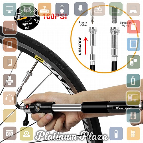 West Biking Pompa Angin Ban Sepeda Mini Portable 160PSI with Pressure Gauge Baromete`2E3TZN-- Silver