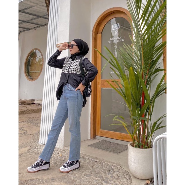 Kiara Top - Black, Kemeja Wanita premium katun poplin kombinasi katun jepang