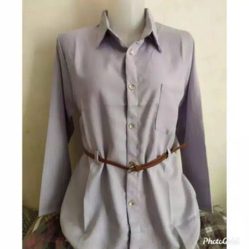 Kemeja Wanita Atasan Blouse Casual Polos Lengan Panjang Kekinian Bahan Moscrep Free belt model Korea-6
