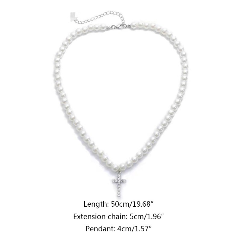 Glitter Imitation Pearls Chain Vintage Artificial Diamond Cross Pendant Necklace Jewelry